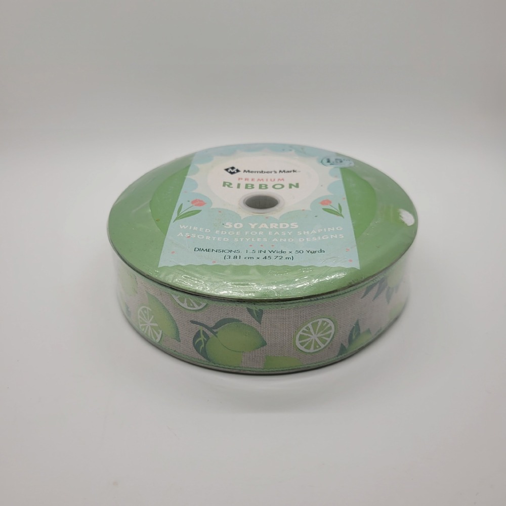 Members Mark Premium Wired Edge Ribbon 50 Yds 1.5in Lime Citrus Natural